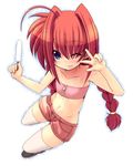  ;p ahoge bandeau blue_eyes braid child food groin long_hair lyrical_nanoha mahou_shoujo_lyrical_nanoha mahou_shoujo_lyrical_nanoha_a's midriff one_eye_closed popsicle red_hair shiwo shorts solo thighhighs tongue tongue_out twin_braids twintails v vita white_legwear 