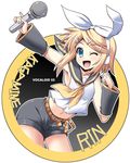  blonde_hair blue_eyes bow detached_sleeves hair_bow hair_ornament hairclip happy headset holding kagamine_rin microphone navel necktie one_eye_closed sailor_collar shinshin short_hair shorts solo text_focus vocaloid 