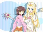  2girls annie_barrs blonde_hair blush brown_hair cross crossover earrings gloves jewelry long_hair mint_adenade multiple_girls short_hair smile tales_of_(series) tales_of_phantasia tales_of_rebirth 