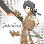  argyle argyle_background black_hair brown_eyes character_name gloves jitterbug_(trusty_bell) male_focus piza_poteto ponytail solo sword trusty_bell weapon 