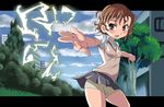  biribiri brown_eyes brown_hair electricity foreshortening hamu_(sanosano) misaka_mikoto school_uniform short_hair shorts solo to_aru_kagaku_no_railgun to_aru_majutsu_no_index 