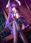  animal_ears bad_id bad_pixiv_id bamboo bamboo_forest black_gloves bunny_ears crossed_legs dual_wielding fangdan_runiu forest gloves gun handgun holding m1911 nature necktie pistol purple_hair red_eyes red_neckwear reisen_udongein_inaba sitting skirt solo submachine_gun thighhighs thompson_submachine_gun touhou weapon zettai_ryouiki 