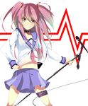  angel_beats! bad_id bad_pixiv_id choker cross grin hand_on_hip koba long_hair microphone microphone_stand midriff pink_eyes pink_hair school_uniform skirt smile solo thigh_strap two_side_up yui_(angel_beats!) 