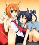  animal_ears bad_id bad_pixiv_id blue_hair blush cat_ears cat_tail closed_eyes copyright_request downblouse food multiple_girls necktie orange_hair pocky pocky_kiss shared_food shirasu_youichi tail yuri 