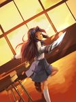  asakura_ryouko blue_eyes blue_hair classroom dusk knife long_hair school_uniform suzumiya_haruhi_no_yuuutsu window 