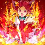  achi_cirno alternate_color alternate_element barefoot bow cirno fiery_wings fire hair_bow red_eyes red_hair reri short_hair solo tears touhou wings 