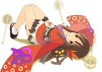  bad_id bad_pixiv_id blush brown_eyes brown_hair hair_ornament highres hishaku japanese_clothes kimono leaf legs legs_up long_hair lying maple_leaf mk_(masatusaboten) obi on_back open_mouth original sandals sash short_kimono socks solo tabi 