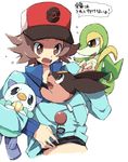  :&lt; baseball_cap brown_eyes brown_hair gen_5_pokemon hat jacket nakamura_sandayo oshawott pokemon pokemon_(creature) pokemon_(game) pokemon_bw simple_background snivy tepig touya_(pokemon) translation_request white_background 