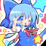  :p ayakashi_(monkeypanch) blue_eyes blue_hair blush bow chibi cirno hair_bow one_eye_closed short_hair solo star tongue tongue_out touhou v wings 