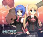  2girls bad_id bad_pixiv_id blonde_hair blue_eyes blue_hair bow brown_eyes gun hairband koyama_tomosato little_busters! long_hair machine_pistol mask multiple_girls natsume_kyousuke nishizono_midori parody pink_bow rifle school_uniform short_hair skorpion_vz._61 submachine_gun tokido_saya translation_request twintails weapon 