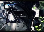  404_(artist) bikini_top black_hair black_rock_shooter black_rock_shooter_(character) blue_eyes burning_eye chain dead_master flat_chest glowing glowing_eyes green_eyes jacket letterboxed long_hair midriff multiple_girls navel pale_skin scar shorts skull smile sword twintails weapon 