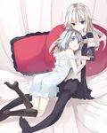  blue_eyes feet grey_hair heterochromia highres holding_hands interlocked_fingers kneehighs legs multiple_girls nekomegane original pantyhose pillow red_eyes silver_hair smile socks 