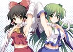  armpits arms_up bad_id bad_pixiv_id bow breasts brown_eyes brown_hair deodorant detached_sleeves frog green_eyes green_hair hair_bow hair_ornament hair_tubes hakurei_reimu halftone halftone_background kochiya_sanae long_hair medium_breasts multiple_girls navel rasahan short_hair sideboob small_breasts smile snake symmetry touhou yellow_eyes 