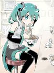  aqua_eyes aqua_hair blush bowl chopsticks detached_sleeves eating food hatsune_miku long_hair meandros necktie noodles ramen rice rice_bowl sitting skirt solo stool thighhighs twintails very_long_hair vocaloid yagi_gojou 