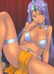  breasts circlet come_hither dark_skin dragon_quest dragon_quest_iv finger_in_mouth hashi large_breasts leg_lift loincloth long_hair manya pelvic_curtain pink_eyes purple_hair slime_(dragon_quest) solo when_you_see_it 