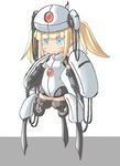  1girl amputee armor blonde_hair blue_eyes crab_man female full_body helmet long_hair personification portal solo turret turret_(portal) twintails valve white_background 