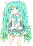  aqua_eyes aqua_hair bad_id bad_pixiv_id bow bowtie detached_sleeves frills gradient_hair hatsune_miku long_hair migu_(migu_room) multicolored_hair necktie simple_background skirt solo twintails very_long_hair vocaloid 