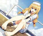  :d barefoot between_legs blonde_hair blue_eyes dutch_angle feet hand_between_legs hat long_hair luna_(reclaimed_land) midriff open_mouth original sailor sailor_hat shorts sitting smile solo toenails toes twintails 