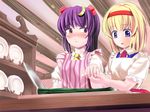  alice_margatroid apron aw bad_id bad_pixiv_id blonde_hair blue_eyes blush cooking crescent crescent_hair_ornament error hair_ornament hairband knife long_hair multiple_girls patchouli_knowledge purple_eyes purple_hair short_hair touhou 