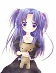  blue_hair clannad dress hair_bobbles hair_ornament hug ichinose_kotomi kotori_(chilly_sky) long_hair purple_eyes solo stuffed_animal stuffed_toy teddy_bear two_side_up 