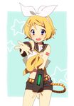  bad_id bad_pixiv_id beckoning blonde_hair blue_eyes detached_sleeves fang foreshortening hair_ornament hair_ribbon hairclip headphones kagamine_rin open_mouth ousaka_nozomi outstretched_arm outstretched_hand ribbon short_hair smile solo vocaloid 