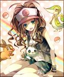  bad_id bad_pixiv_id baseball_cap blue_eyes brown_hair denim denim_shorts exposed_pocket hat highres poke_ball pokemon pokemon_(game) pokemon_bw ponytail shorts sitting smile solo tank_top touko_(pokemon) tsukioka_tsukiho vest 