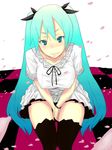  aqua_eyes aqua_hair bad_id bad_pixiv_id blush bow breasts covered_nipples dress hair_bow hatsune_miku inayama knees_touching large_breasts leaning_forward long_hair petals ribbon shirt sitting skirt smile solo taut_clothes taut_shirt thigh_gap thighhighs very_long_hair vocaloid world_is_mine_(vocaloid) wristband zettai_ryouiki 