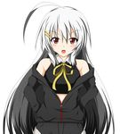  ahoge bad_id bad_pixiv_id bare_shoulders bow hair_ornament hairclip jacket long_hair midriff minatsuki_nao open_clothes open_jacket original red_eyes solo white_hair 
