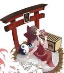  barefoot box brown_eyes brown_hair donation_box feet hair_ornament hakurei_reimu kneeling looking_back nekomegane ofuda simple_background sitting soles solo torii touhou wariza yin_yang 