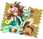  1girl bad_id bad_pixiv_id baseball_cap brown_eyes brown_hair gen_5_pokemon green_eyes hat oshawott ototoi pokemon pokemon_(creature) pokemon_(game) pokemon_bw snivy tepig touko_(pokemon) touya_(pokemon) 