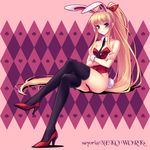  absurdly_long_hair animal_ears bad_id bad_pixiv_id black_legwear blonde_hair blue_eyes bunny_ears bunny_tail bunnysuit crossed_legs full_body high_heels legs long_hair necktie original sayori shoes sitting solo tail thighhighs tsundere very_long_hair 