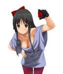  a1 akiyama_mio black_eyes black_hair bow breasts cleavage downblouse food fruit hair_bow hand_on_hip hanging_breasts holding holding_food holding_fruit k-on! leaning_forward listen!! long_hair loose_clothes loose_shirt medium_breasts no_bra off_shoulder pantyhose red_legwear shirt simple_background solo strawberry 