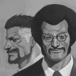  afro bad_id bad_pixiv_id bamu facial_hair formal glasses greyscale male_focus manly monkey_d_garp monochrome multiple_boys mustache one_piece pince-nez scar sengoku_(one_piece) smirk stitches younger 