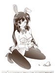  animal_ears brown bunny_ears bunnysuit error fishnet_pantyhose fishnets hinoe_riho ihara_kanna kneeling long_hair monochrome muteki_kanban_musume one_eye_closed pantyhose solo tray 