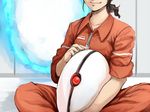  bad_id bad_pixiv_id chell glowing glowing_eye head_out_of_frame indian_style jumpsuit lowres ponytail portal portal_(series) sitting smile solo taka_yanagi turret_(portal) 