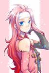  adjusting_hair akiyoshi_sadanori androgynous blue_eyes gradient_hair headband long_hair looking_back male_focus multicolored_hair pink pink_background pink_hair red_hair smile solo star tales_of_(series) tales_of_symphonia zelos_wilder 