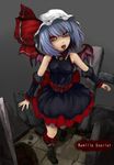  alternate_costume arm_warmers bad_id bad_pixiv_id bare_shoulders bat_wings blue_hair hat red_eyes remilia_scarlet short_hair solo tongue touhou wings yukinojou_yakan 