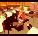  1girl bad_id bad_pixiv_id bag bow chair choker desk earphones highres persona persona_3 school school_bag school_uniform sleeping sunplus sunset takeba_yukari yuuki_makoto 