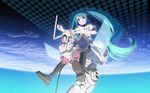  2010 aqua_eyes aqua_hair artist_name bad_id bad_pixiv_id dated floating_hair hatsune_miku highres instrument legs loafers long_hair pantyhose riding shiwasu_takashi shoes skirt sky smile solo space star_(sky) starry_sky theremin twintails very_long_hair vocaloid wallpaper 