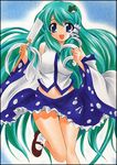  detached_sleeves frog green_eyes green_hair kochiya_sanae long_hair marker_(medium) midriff pastel_(medium) solo touhou traditional_media very_long_hair yadokari_genpachirou 