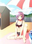  bad_id bad_pixiv_id barefoot beach bikini blue_eyes blush breasts cleavage cooler day feet front-tie_top hands hands_on_feet large_breasts looking_at_viewer navel original pocari_sweat purple_hair short_hair solo swimsuit umbrella usashiro_mani 