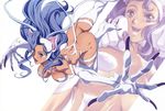  abs animal_ears ass blue_eyes blue_hair breasts cat_ears cat_paws cat_tail felicia fingernails fur hands homare_(fool's_art) jumping large_breasts long_hair muscle open_mouth paws slit_pupils tail toned vampire_(game) 