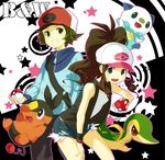  1girl blue_eyes brown_eyes brown_hair emunise gen_5_pokemon hat long_hair oshawott pokemon pokemon_(creature) pokemon_(game) pokemon_bw short_hair snivy tepig touko_(pokemon) touya_(pokemon) 