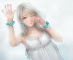  bad_id bad_pixiv_id blue_eyes bracelet copyright_request dress earrings jewelry miche one_eye_closed solo upper_body waving white_hair 