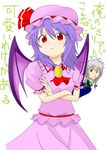  2girls bat_wings blood blush braid can't_be_this_cute crossed_arms dress hat highres izayoi_sakuya kazuxxx12 maid maid_headdress multiple_girls nosebleed ore_no_imouto_ga_konna_ni_kawaii_wake_ga_nai parody purple_hair red_eyes remilia_scarlet short_hair silver_hair touhou twin_braids wings 