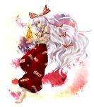  ashijirou barefoot bow fire fujiwara_no_mokou hair_bow long_hair pants red_eyes silver_hair solo suspenders touhou very_long_hair 