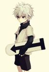  1boy hunter_x_hunter killua_zoldyck male male_focus simple_background skateboard solo white_hair 