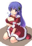  blue_eyes blue_hair blush breasts cleavage gloves kneeling long_hair mistletoe santa_costume santa_suit 