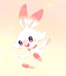  buck_teeth creatures_(company) game_freak gen_8_pokemon gradient gradient_background looking_at_viewer nintendo no_humans orange_background orange_eyes pokemon pokemon_(creature) scorbunny smile sparkle sylvaur_(serpygardy) upper_teeth yellow_background 