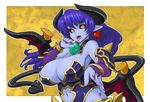  astaroth_(shinrabanshou) bad_id bad_pixiv_id black_sclera blue_hair blue_skin breasts bridal_gauntlets cleavage dameyo demon_girl earrings elbow_gloves foreshortening gloves heart heart_earrings horns huge_breasts jewelry navel open_mouth pointy_ears red_wings shinrabanshou solo succubus tail tongue wings yellow_eyes 